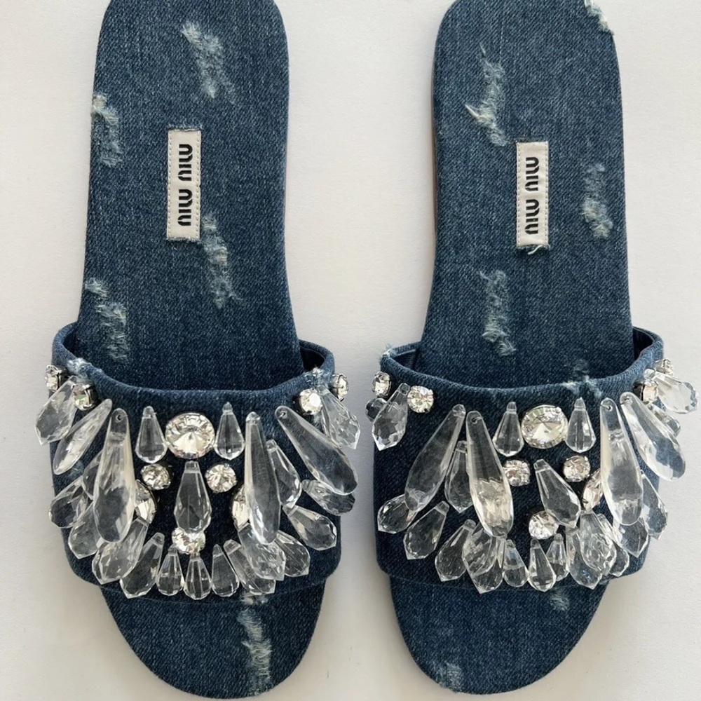 MIU MIU Denim Crystal Sandals
